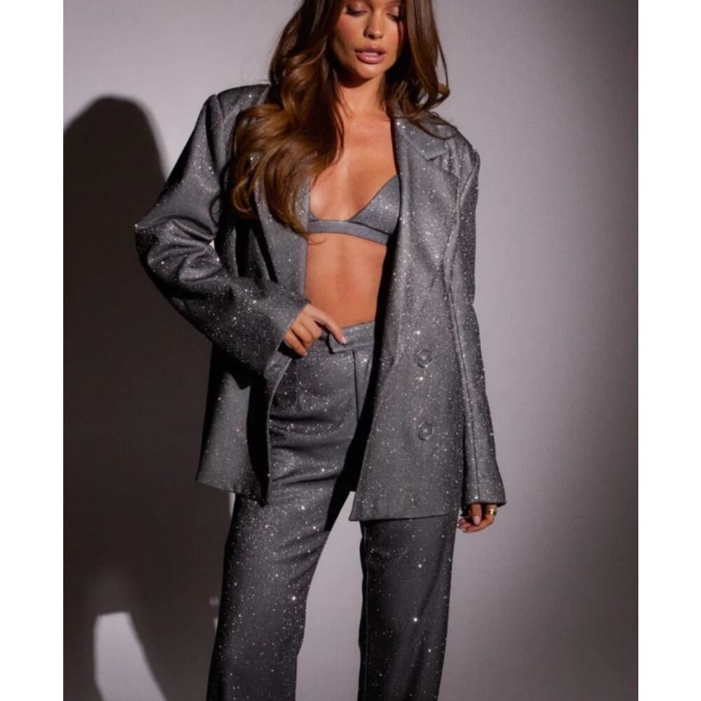 SLA The Label Grey Sparkle Glitter Paloma Double Breasted Boss Blazer Medium